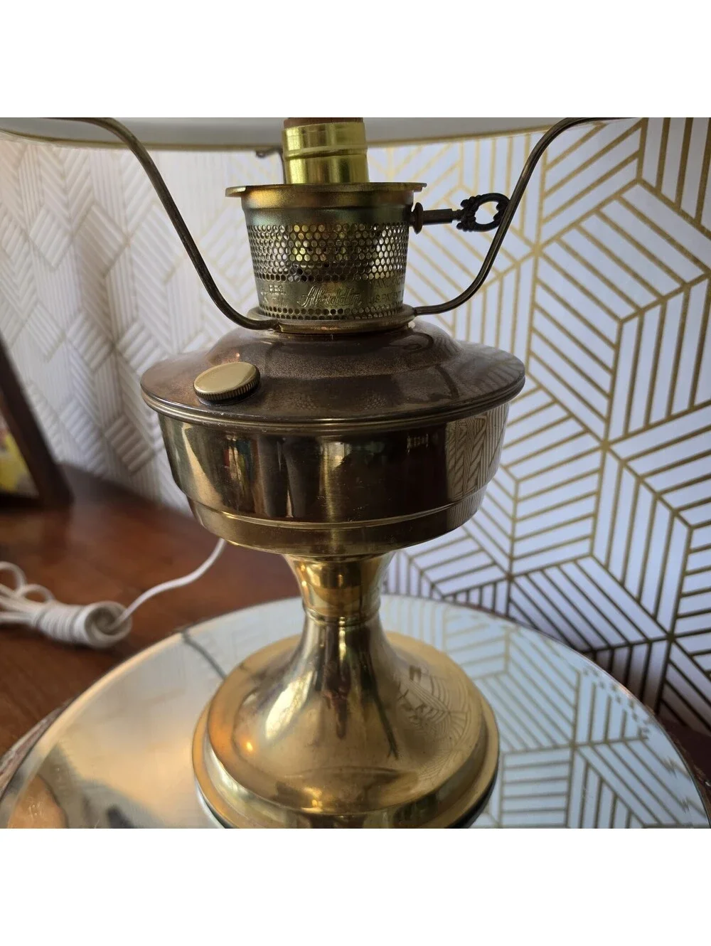 Vintage Kerosene Oil Style Brass Lamp Mill Glass Shade Purple Floral Hong Kong